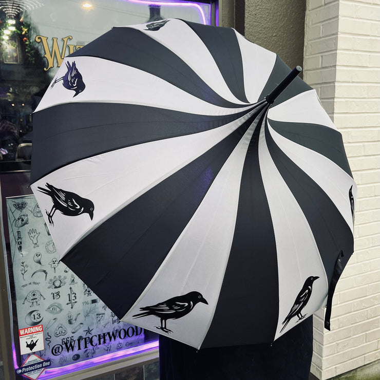 Black and white striped umbrella with black raven designs held by a person in front of a store window.