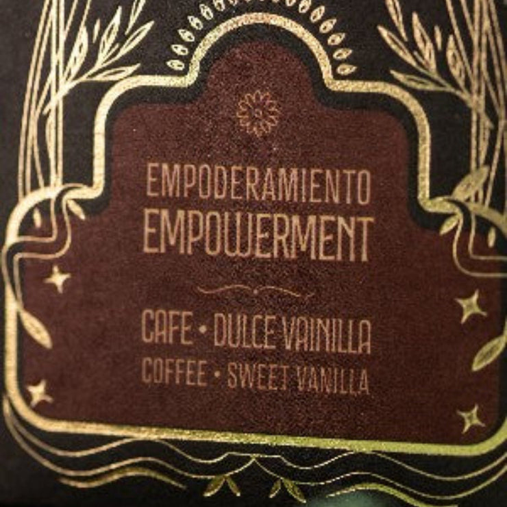 Label for Dulce Vainilla incense with 'Empoderamiento Empowerment' text on a brown background.