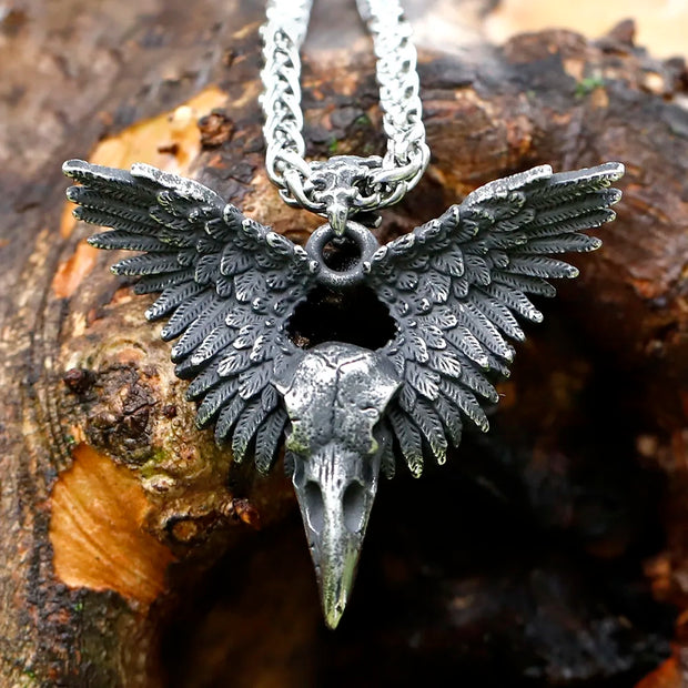 Wings of the Raven Skull Stainless Steel Pendant Necklace