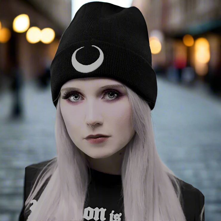 Casquette tricotée noire gothique Punk foncé, chapeaux Harajuku Grunge lune imprimé graphique, casquette d'automne pour femme, bonnet plus chaud pour femme 