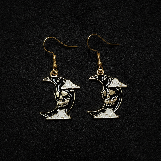 Skull Moon Gold Enamel Earrings