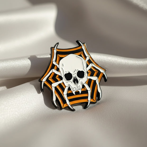 Skull and spider web design on a beige background