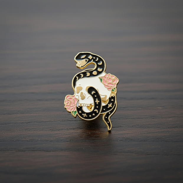 Skull Snake & Roses Enamel Lapel Pin
