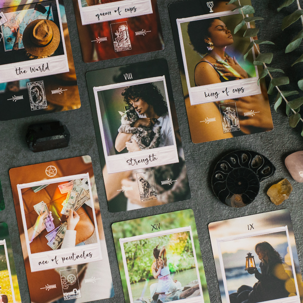 Collection of tarot cards on a dark surface with plants