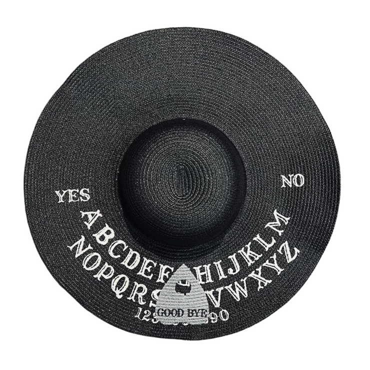 Black straw hat with Ouija spirit board design on a white background