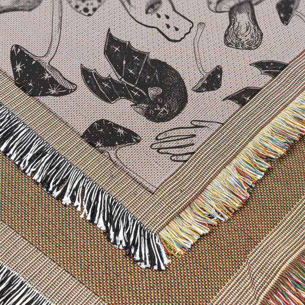 Spooky Spells, Bats, and Mushrooms 100% Cotton Woven Throw Blanket