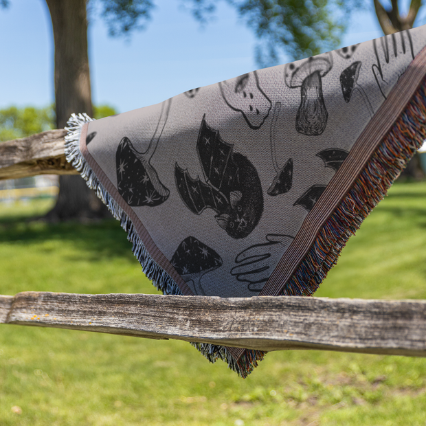 Spooky Spells, Bats, and Mushrooms 100% Cotton Woven Throw Blanket