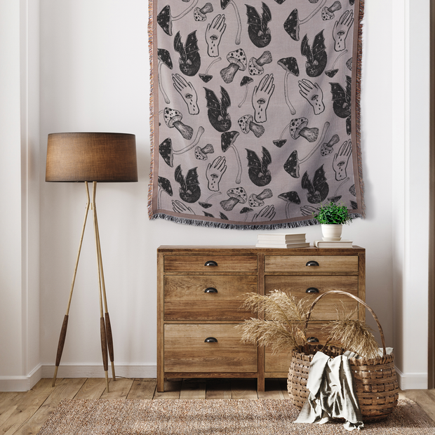 Spooky Spells, Bats, and Mushrooms 100% Cotton Woven Throw Blanket