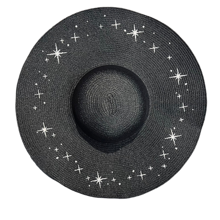 Black straw hat with star patterns on a white background