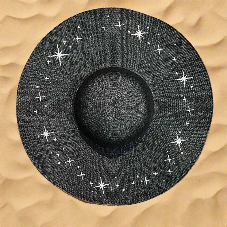 "Starry Night" Gothic Floppy Sun Hat - Black Straw, XL Brim