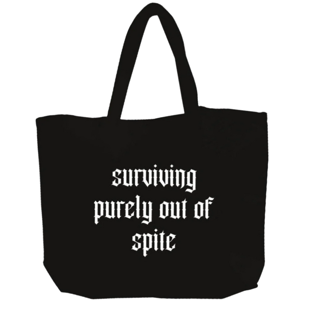 "Surviving Purely Out of Spite" Black Cotton Beach Bag