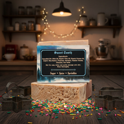Bleak Boutiques Sweet Tooth Handmade Vegan Bar Soap (SEASONAL) is shown: two marbled bars, one upright with a Sugar • Spice • Sprinkles label, offering delightful scents and handcrafted appeal.