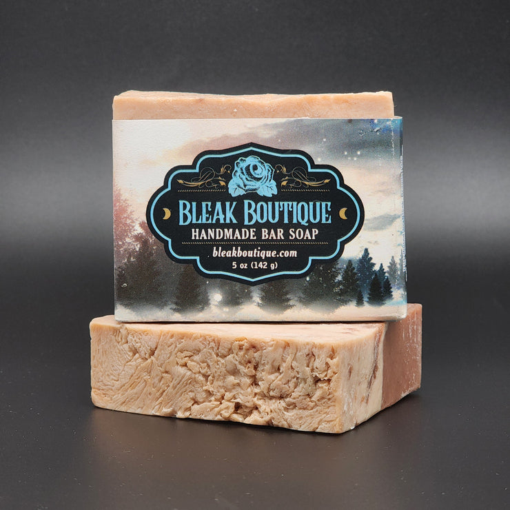 Bleak Boutiques Sweet Tooth Handmade Vegan Bar Soap (SEASONAL) is shown: two marbled bars, one upright with a Sugar • Spice • Sprinkles label, offering delightful scents and handcrafted appeal.