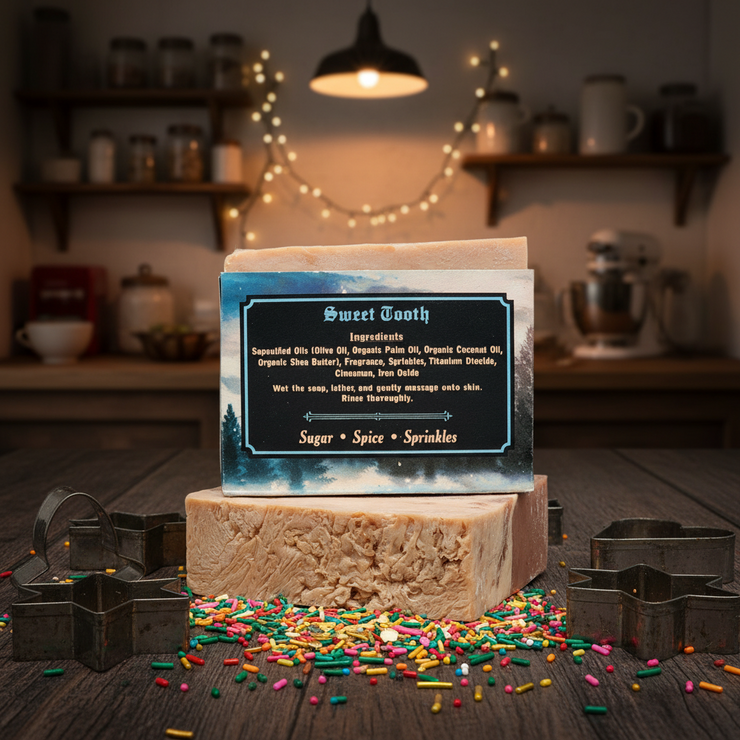 Bleak Boutiques Sweet Tooth Handmade Vegan Bar Soap (SEASONAL) is shown: two marbled bars, one upright with a Sugar • Spice • Sprinkles label, offering delightful scents and handcrafted appeal.