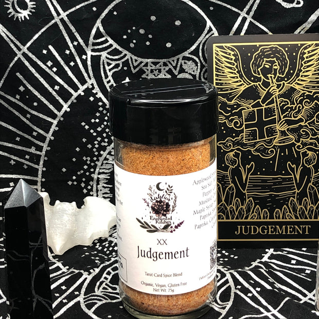 Tarot card themed background for Tarot Card Spice Blend "Judgement" by Dahlia's Enchanted Kitchen