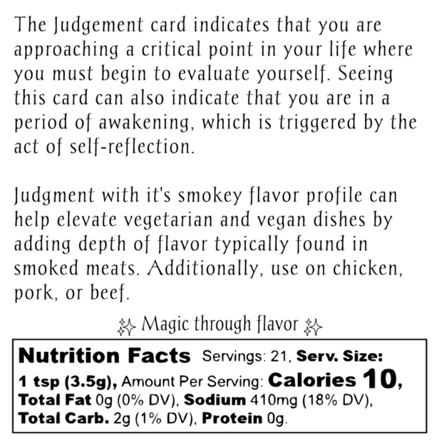 Label information for Tarot Card Spice Blend "Judgement" by Dahlia's Enchanted Kitchen