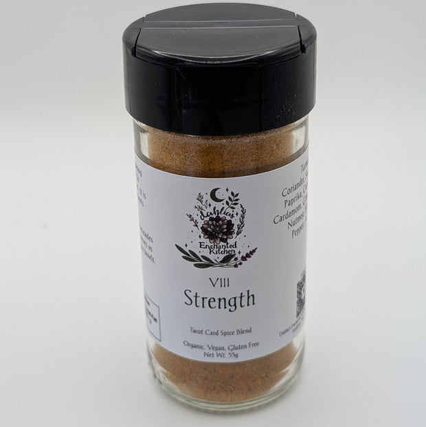 Jar of Tarot Card Spice Blend "Strength" by Dahlia's Enchanted Kitchen on a white background