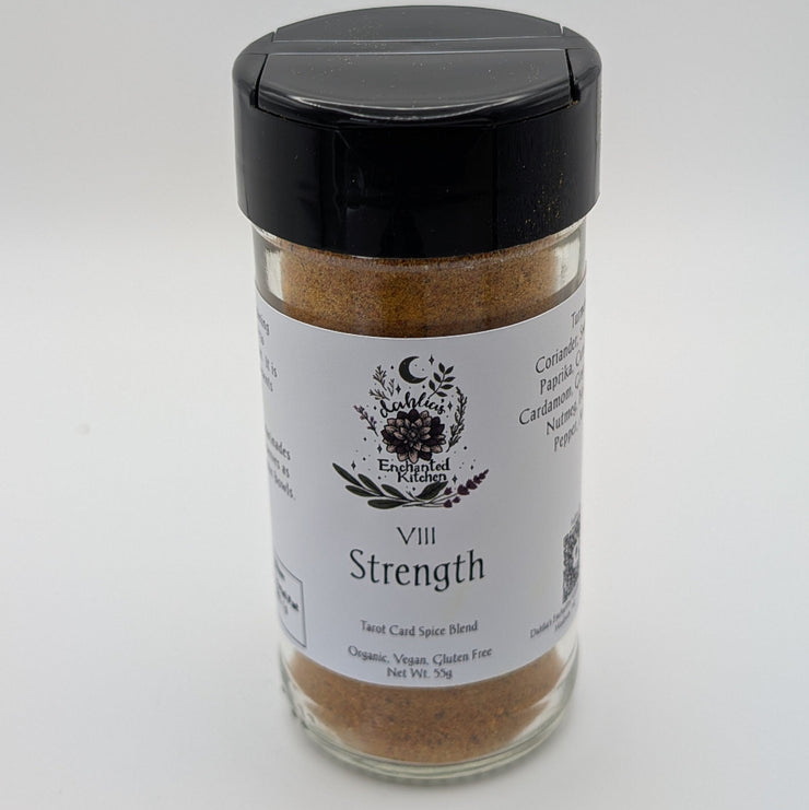 Jar of Tarot Card Spice Blend "Strength" by Dahlia's Enchanted Kitchen on a white background