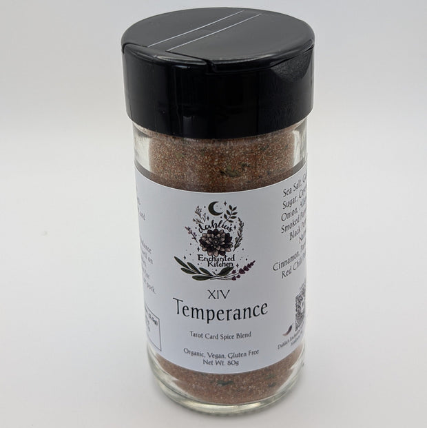 A jar of Tarot Card Spice Blend "Temperance" by Dahlia's Enchanted Kitchen on a white background