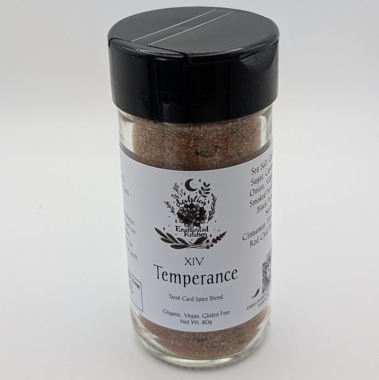 A jar of Tarot Card Spice Blend "Temperance" by Dahlia's Enchanted Kitchen on a white background