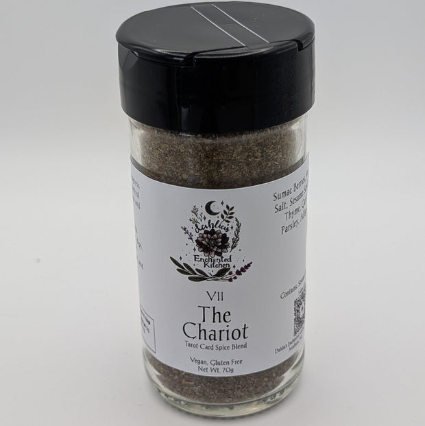 Spice jar labeled 'The Chariot' on a white background