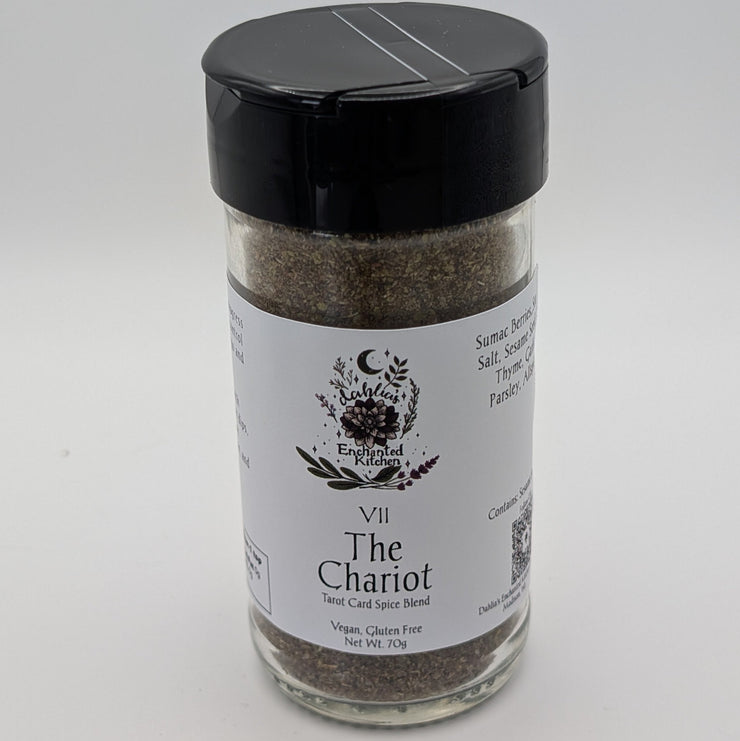 Spice jar labeled 'The Chariot' on a white background