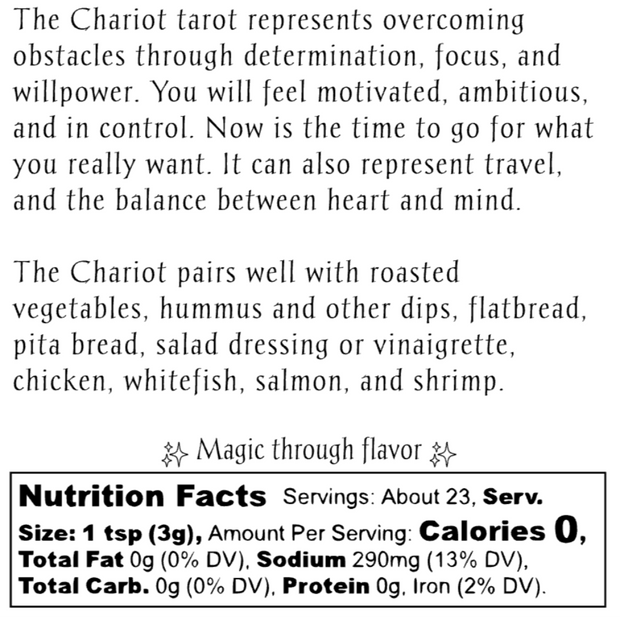 Text describing the Chariot tarot card and its nutritional facts.