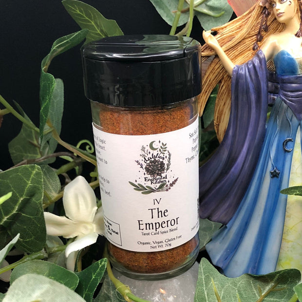 Spice jar labeled 'The Emperor' on a decorative background with a fairy figurine and greenery.