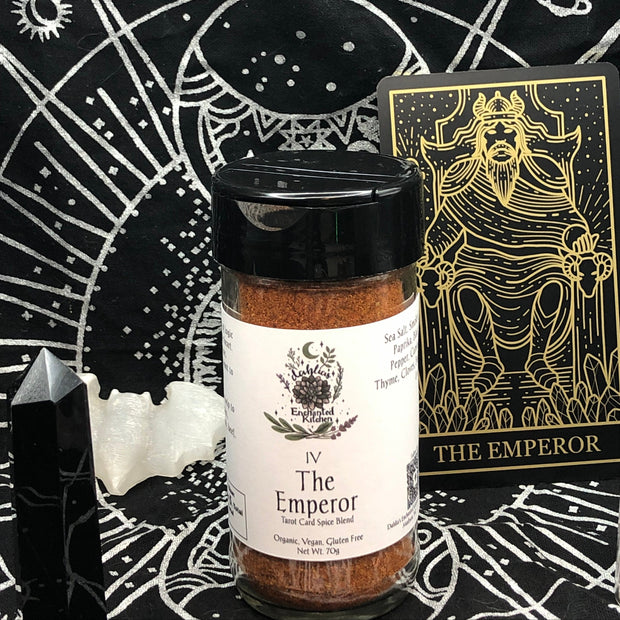 Spice jar labeled 'The Emperor' on a black background with astrological symbols and tarot card.