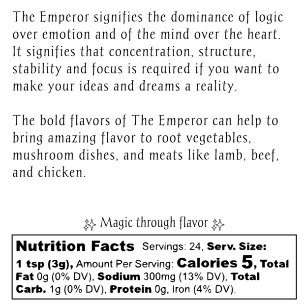 Spice blend label for 'The Emperor' from Enchanted Kitchen with text and graphics.