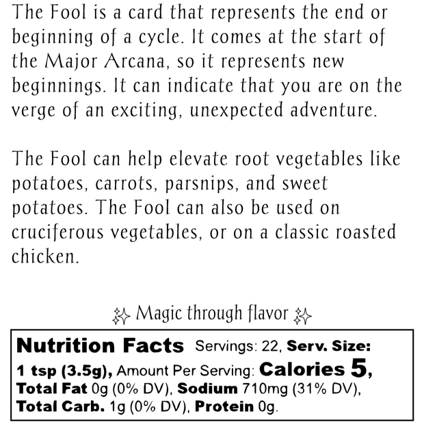 Text description and nutrition facts for The Fool Tarot Card Inspired Spice Blend 