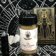 Spice jar labeled 'The High Priestess' with tarot card and crystals on a black background with white symbols.