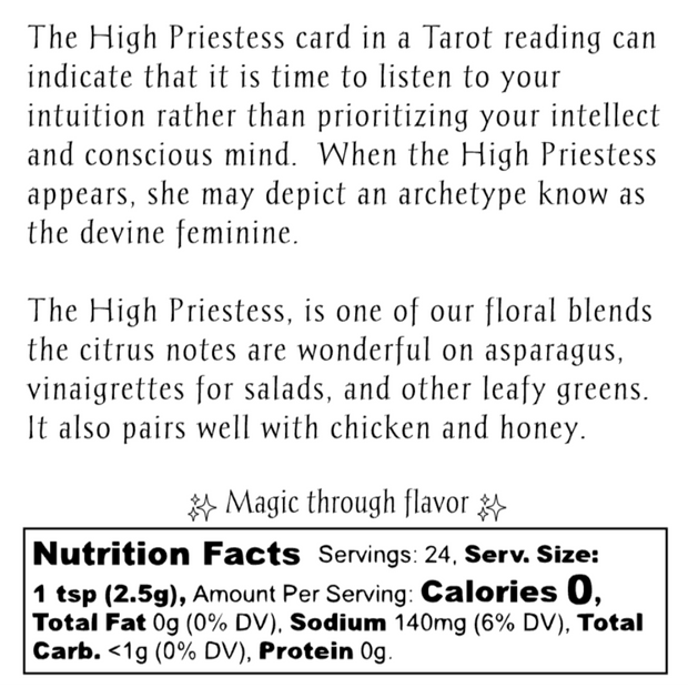 Label for 'The High Priestess' Tarot card spice blend with text and branding details.