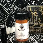 Spice jar labeled 'The Magician' on a tarot card-themed background