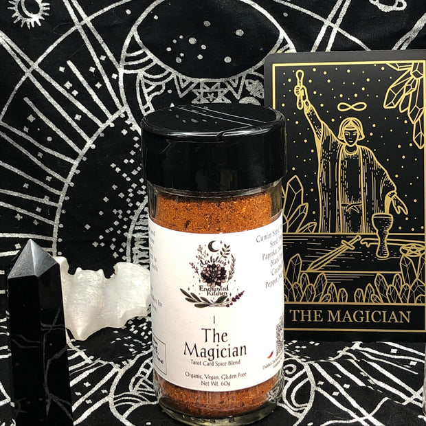 Spice jar labeled 'The Magician' on a tarot card-themed background