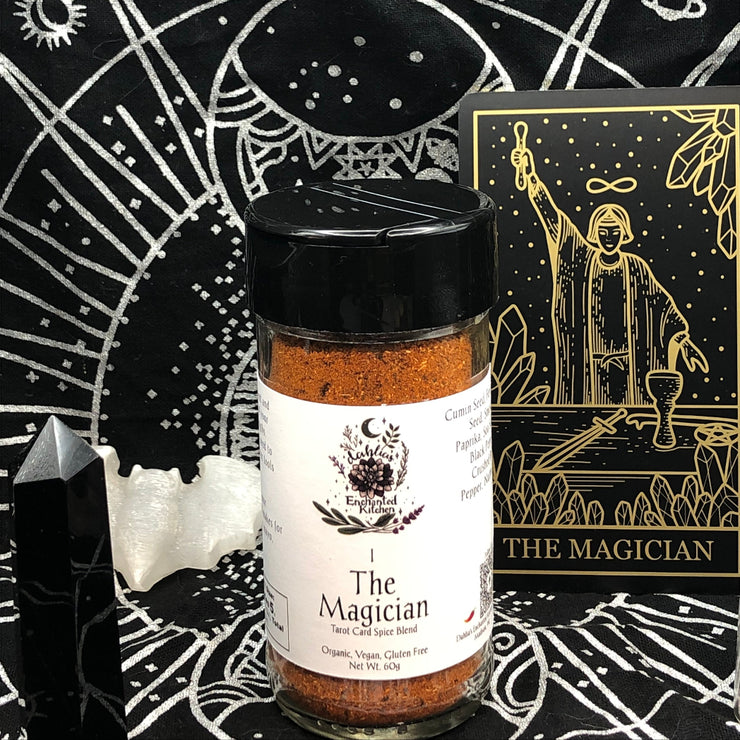 Spice jar labeled 'The Magician' on a tarot card-themed background