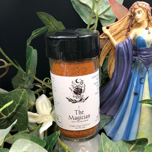 Spice jar labeled 'The Magician' with a fairy figure and greenery in the background