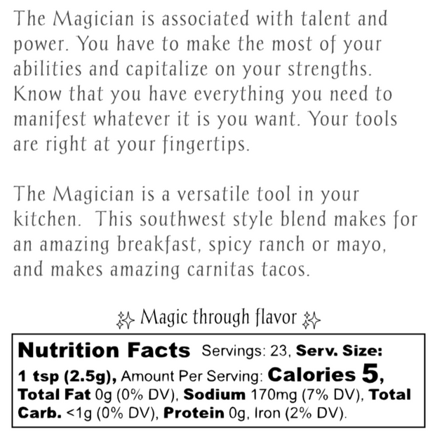 Label for 'The Magician' tarot spice blend with text and branding details.