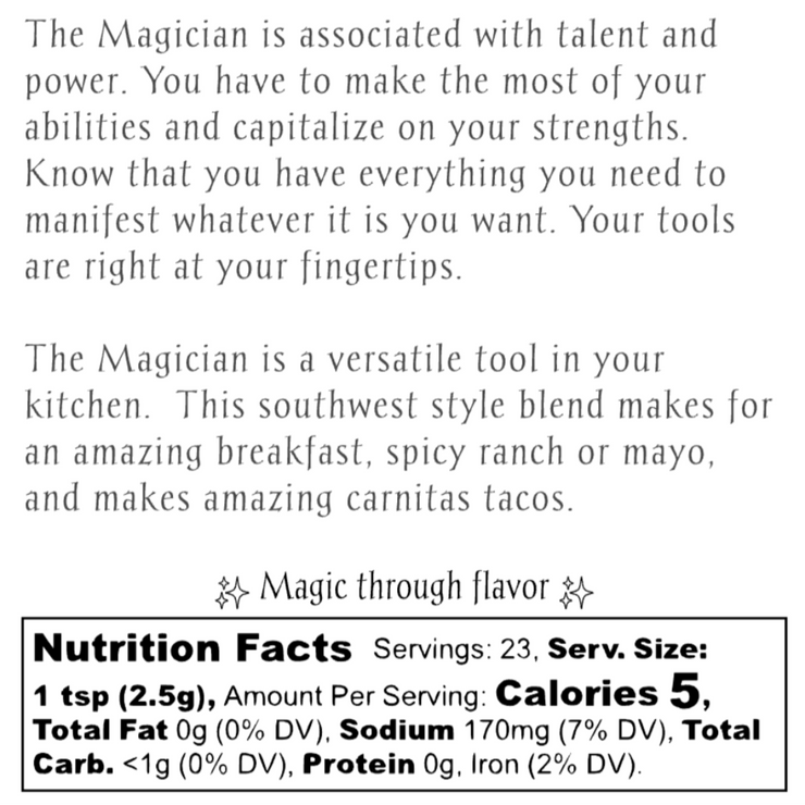 Label for 'The Magician' tarot spice blend with text and branding details.