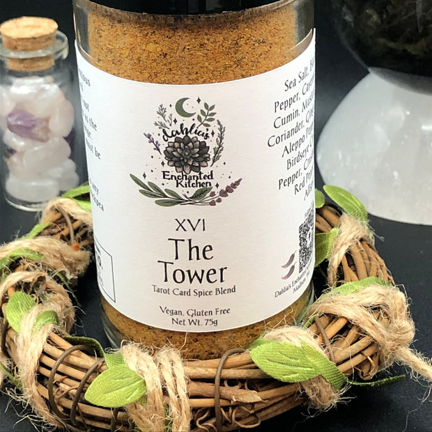 Tarot Card Spice Blend "The Tower" by Dahlia's Enchanted Kitchen shown with foliage and crystals in the background