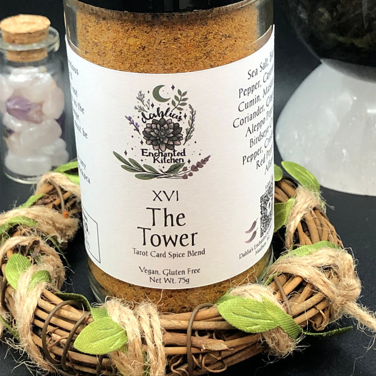 Tarot Card Spice Blend "The Tower" by Dahlia's Enchanted Kitchen shown with foliage and crystals in the background
