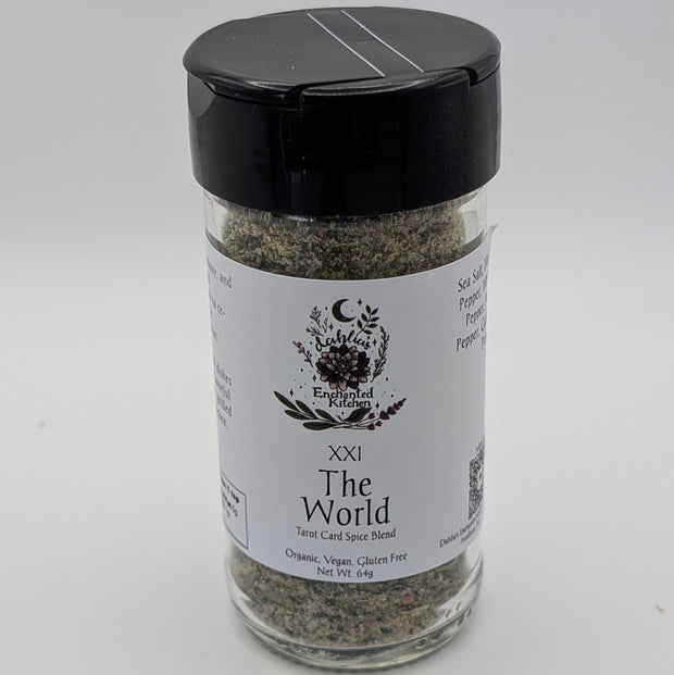 Tarot Card Spice Blend "The World" by Dahlia's Enchanted Kitchen on a white background