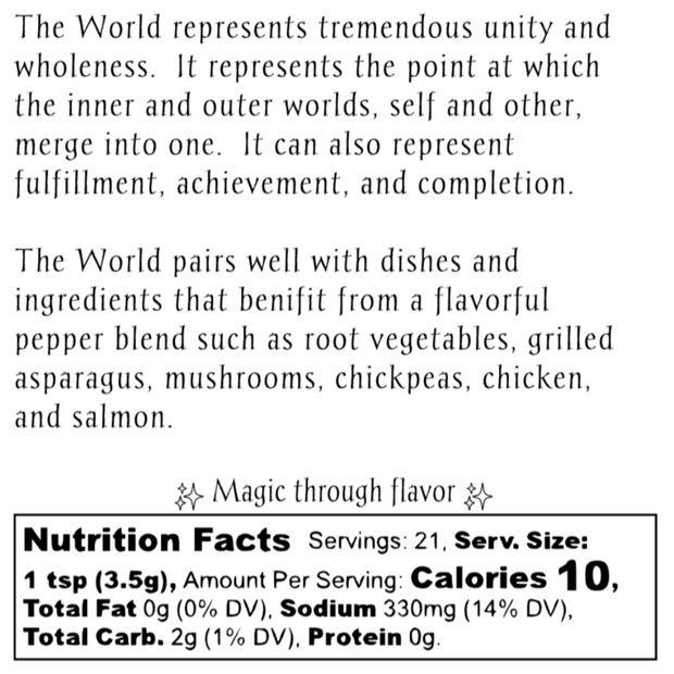 Label for 'The World' tarot card spice blend from Enchanted Kitchen with text and branding.