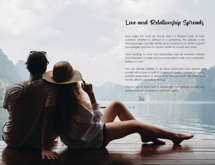 Two people sitting by a lake with mountains in the background, text overlay about love and relationship spreads.