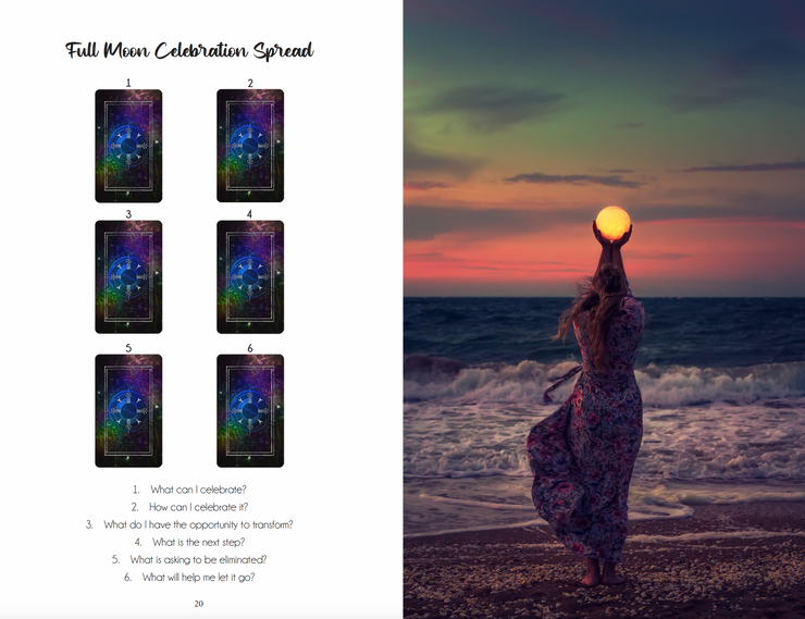 Photograph of a woman cupping the moon in her hands on the beach with text reading "Full Moon Celebration Spread" and Tarot Card Spread example on left 
