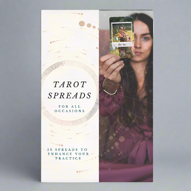 Book titled 'Tarot Spreads for All Occasions' cover art of a person holding tarot cards on a white background.