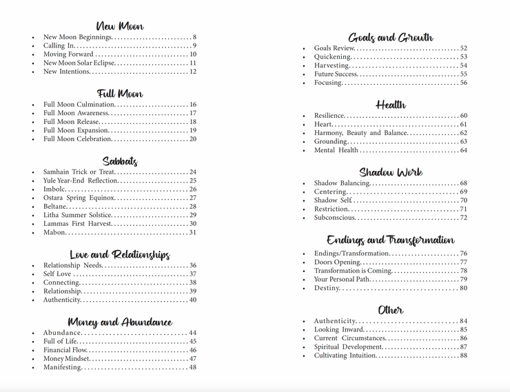 Table of contents for the book "Tarot Spreads for All Occasions" with black text on a white background