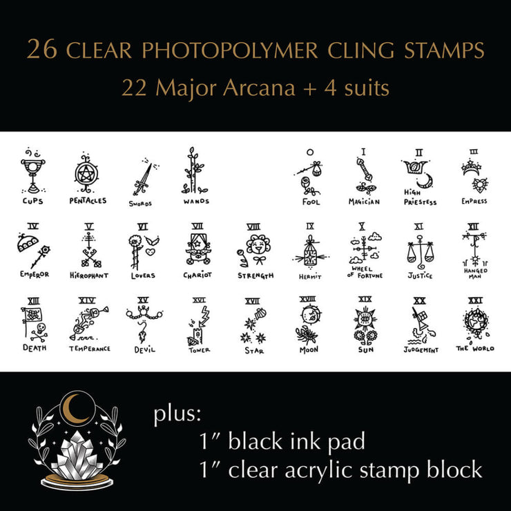 Set of clear photopolymer cling stamps with Major Arcana symbols and ink pad and stamp block on a black background.