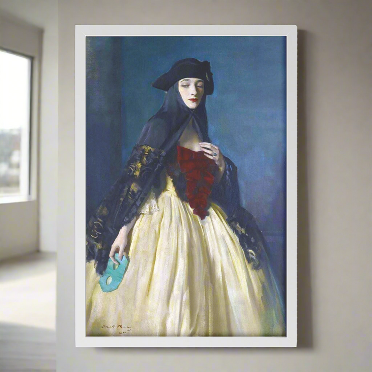 High-quality rectangle framed print 'The Green Masque,' showcasing timeless elegance and early 20th-century artistry, a reproduction of Sir Oswald Birley's iconic portrait perfect for sophisticated home decor.