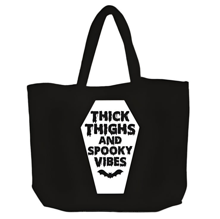 "Thick Thighs and Spooky Vibes" Black Cotton Beach Bag